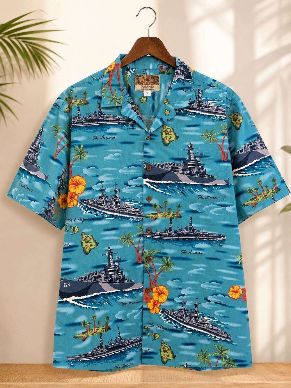 Kalaheo Hawaiian Aloha Battleship Print Camp Shirt XL Made in Hawaii USA